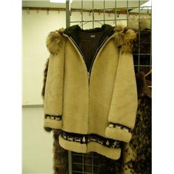 Mouton parka with wolf and otter fur ruff and beautiful calf-skin sled dog scene trim- approx. size 