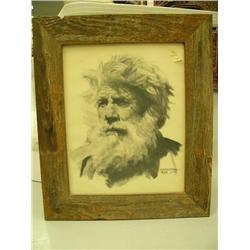 Black and white stone lithograph of a sourdough or miner by Frank Machetanz in wooden frame (156)