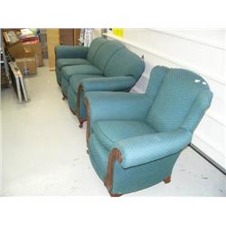 Sofa and arm chair - Green fabric with wood feet and accents (150)