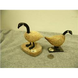 Lot of 2: bone Canadian geese with ivory inlay 5.75" and 3.75" -mounted on baleen - by R. Silook (33