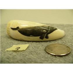 Whales tooth scrimshawed with whale and signed by Rashidi 3.5" (33)