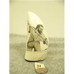 Whales tooth scrimshawed with man harpooning a whale with abalone base 4.5" by Nunuk retail value $8