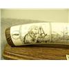 Image 2 : Ivory scrimshawed with two sailing ships, lighthouse, houses and man navigating mounted on wood with