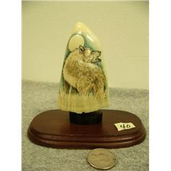 Whale bone scrimshawed with wolf howling at moon by Robichaud 4.75" retail value $1160.00 (33)