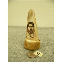 Scrimshawed ivory tusk tip with woman 3 7/8" tall (33)