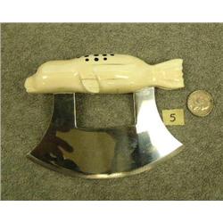 Ulu with carved seal handle inlayed with baleen by H.B. Slwooko 5.5" (33)