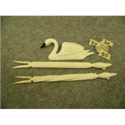Lot of 3: Ivory carvings - swan pin by Fred Mayac retail value $135.00, 2 ivory sticks with prongs w