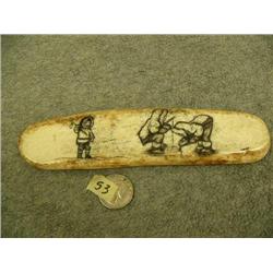Fossilized Ivory scrimshawed with 3 children ice fishing by Homer Cole 7" tall retail value $650.00 