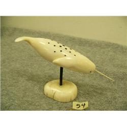 Carved ivory narwhal mounted on bone with baleen insets by Daniel Silook of Gambell, AK 5" long 3.25