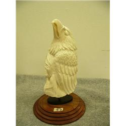 Whales tooth carving of eagle and man's head mounted on wood base by Eddy Syzoc 8" tall (33)