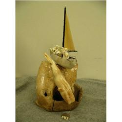 3 ivory carved Eskimos in bone umiak with white baleen sail harpooning fossilized ivory beluga with 