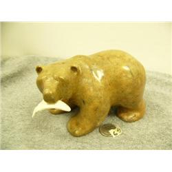 Soapstone bear with ivory salmon in mouth 4" tall (33)