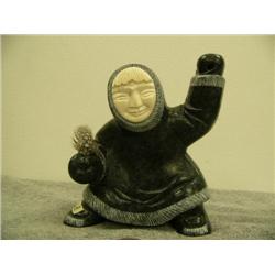 Soap stone dancer with ivory face holding feathers by E.S. 6" (33)