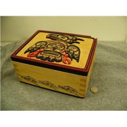 S.E. Alaska cedar box with clan animal carvings on top and eagle drawings on front and sides by Rose