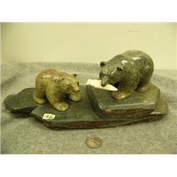 2 soapstone bears on soapstone base one with ivory salmon in mouth 12.5" base 4.5" tall by E.S. (33)