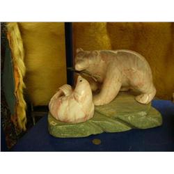 Pink soapstone bear with baleen salmon and seal mounted on soapstone by E.S. 9" tall 13.5" wide (33)