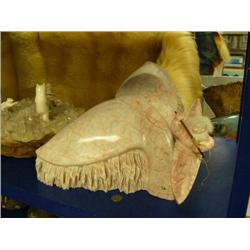 Pink soapstone whales tail with kayaker 11.5" long mounted on top with ivory face by E.S. 10" tall r