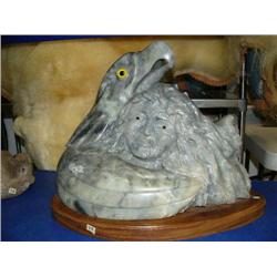 Marble eagle's head embracing woman's head by E.S. mounted on wood base 15" tall 19" wide retail pri