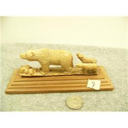 3 bears carved out of bone mounted on wood by E.P. 2.5" tall 4 .75 wide (33)