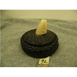 Baleen basket with whale head finial by A.K. 2.75" tall 3.5" diameter (33)