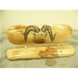 Fossilized ivory scrimshawed with rams head by Homer Cole 3.5" tall 7.5" wide retail value $895.00 (