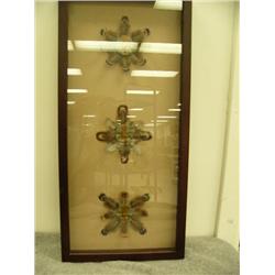 CHOICE on 2: Framed soapstone masks - unreadable signature - 3 green and brown soapstone masks with 