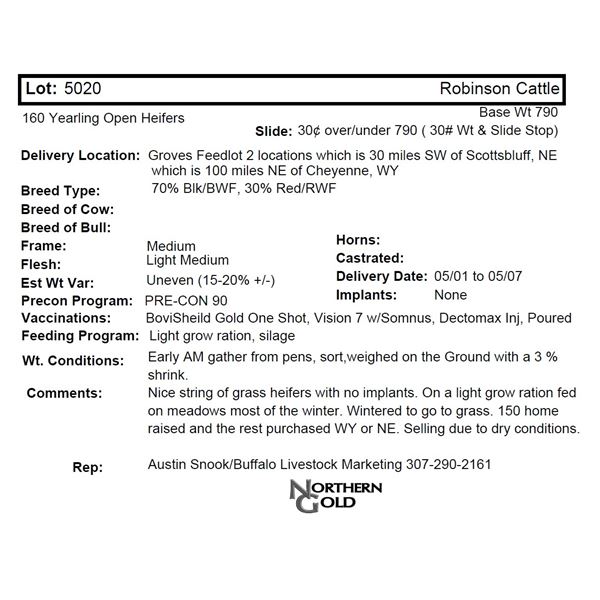 Robinson Cattle, 160 Yrlg Open Hfrs @ 790 lbs, Del 5/1-5/7