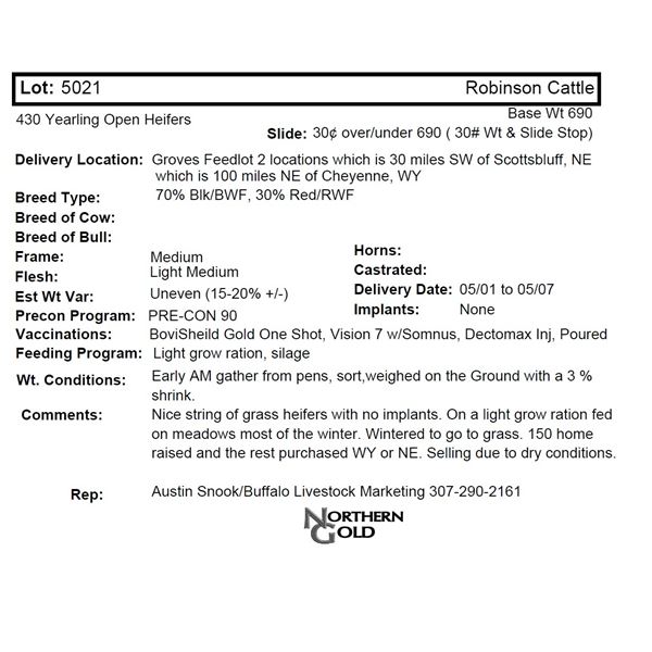 Robinson Cattle, 430 Yrlg Open Hfrs @ 690 lbs, Del 5/1-5/7