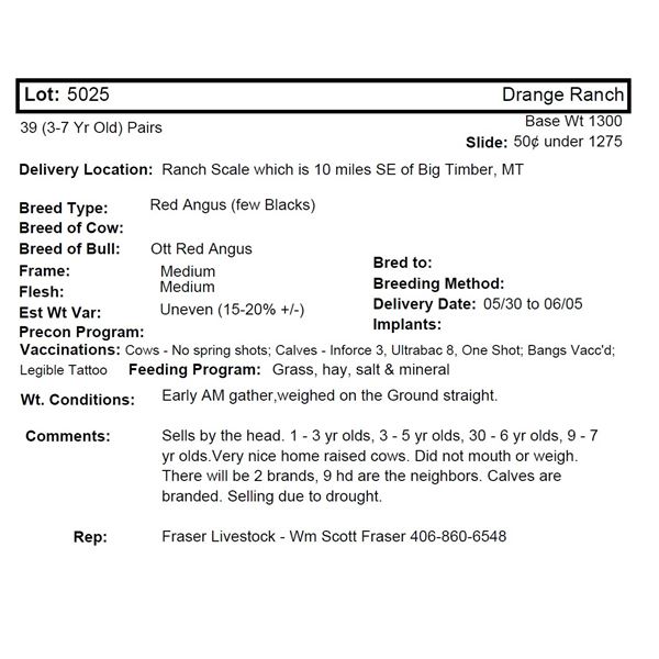Drange Ranch, 39 (3-7 Yr Old) Pairs @ 1300 lbs, Del 5/30 to 6/05