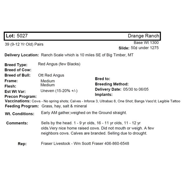 Drange Ranch, 39 (9-12 Yr Old) Pairs @ 1300 lbs, Del 5/30 to 6/05