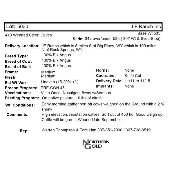 J F Ranch Inc, 410 Wnd Str Clvs @ 535 lbs, Del 11/11-11/15