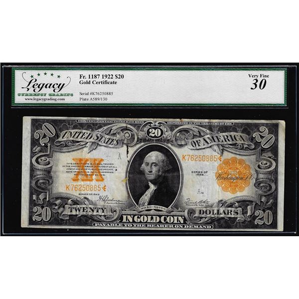 1922 $20 Gold Certificate Note Fr.1187 Legacy Very Fine 30