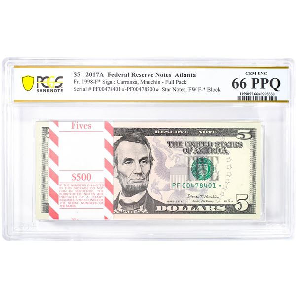 Pack of 2017A $5 Federal Reserve STAR Notes Atlanta Fr.1998-F* PCGS Gem UNC 66PPQ
