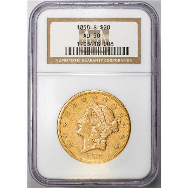 1858-S $20 Liberty Head Double Eagle Gold Coin NGC AU50