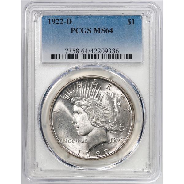 1922-D $1 Peace Silver Dollar Coin PCGS MS64