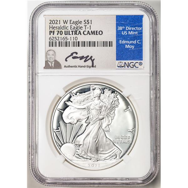 2021-W T-1 $1 Proof Heraldic American Silver Eagle Coin NGC PF70 Ultra Cameo Moy Sig