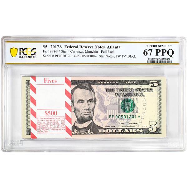 Pack 2017A $5 Federal Reserve STAR Notes Atlanta Fr.1998-F* PCGS Superb Gem UNC 67PPQ