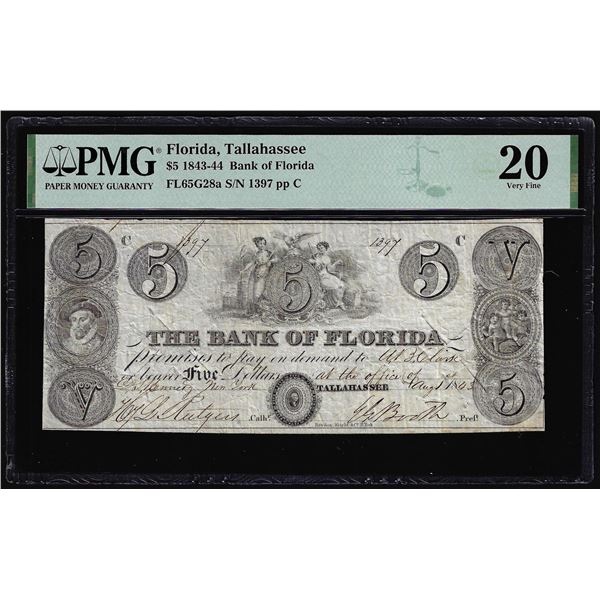 1843-44 $5 The Bank of Florida Tallahassee, FL Obsolete Note PMG Very Fine 20