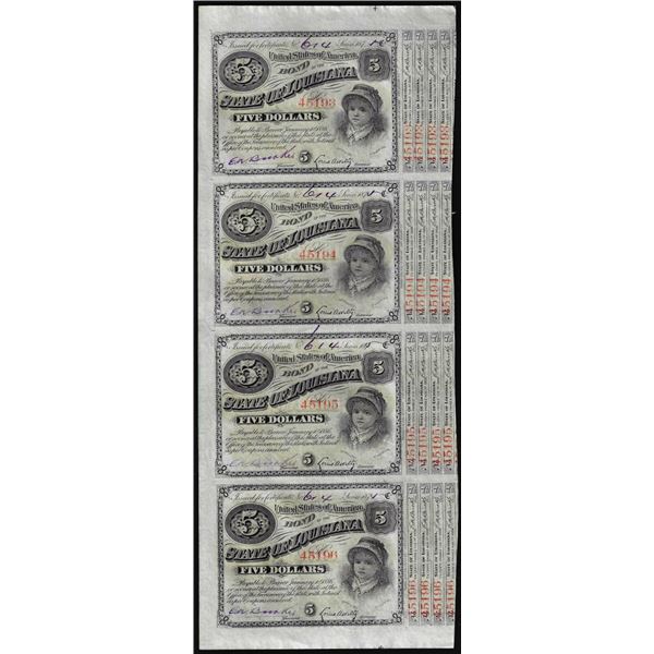 Uncut Sheet of (4) State of Louisiana Baby Bond Obsolete Notes