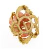 Image 4 : Vintage 14K Gold Carved Coral Rose Flower Bouquet Textured Leaf Round Pin Brooch