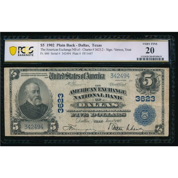 1902 $5 Dallas TX National PCGS 20