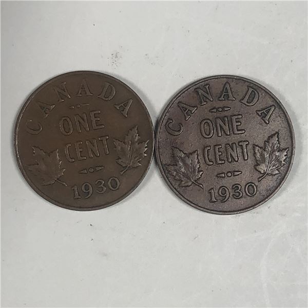 Canadian Small  Cent 1930 X 2 Fine to VF