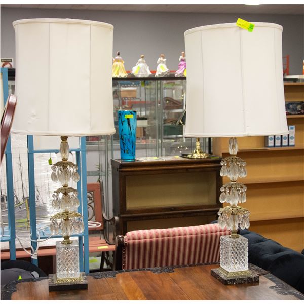PAIR OF VINTAGE CUT GLASS BRASS & STONE LAMPS