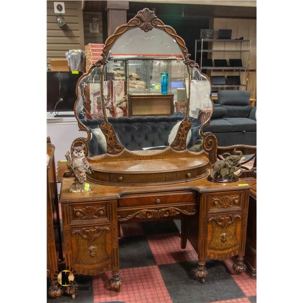 ANTIQUE SOLID WOOD ORNATE MAKEUP VANITY W. MIRROR