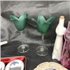 Image 3 : Pair of Green Glass Candle Holders, Cat Wine Bottles, Red &Silver Bowl Set, Gravy Separators, Asst P