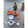 Image 4 : White & Orange Single Cup Teapots, Porcelain Pear, Orange, Blue & Yellow Bowl, Brown Pottery Vase, V