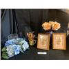 Image 1 : Purple Vase w Silk Roses, Vintage Chick Mug w Dried Flowers, Hurrican Candle w Blue Silk Flowers