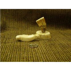Lot of 2: carved ivory seal by C.i.j.w.- 2.5"; fossilized ivory tip pen holder with fossilized ivory