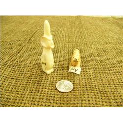 Lot of 2: carved fossilized ivory walrus by Arnold Iyakitan- 1" tall, 2.25"; ivory fetish- 2.25" tal