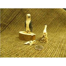 Lot of 3: Carved fossilized ivory eagle mounted on fossilized ivory by R. Silook Jr. 3.25", ivory bi